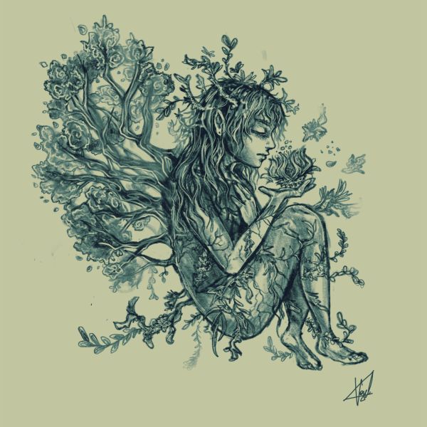 Element Girl Earth, Spiritual mindful Illustration, whimsical Sketch