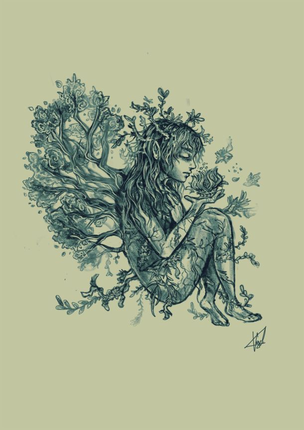 Element Girl Earth, Spiritual mindful Illustration, whimsical Sketch