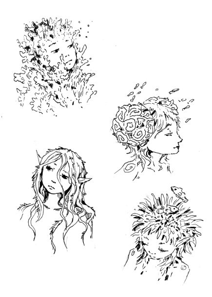 Whimsical cute Nature people ink Illustration, Characters Ocean, Plants, Flower people